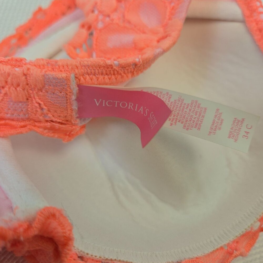 Victoria's Secret Neon Orange Lace Overlay Padded Bikini Top Size 34C - Picture 3 of 6